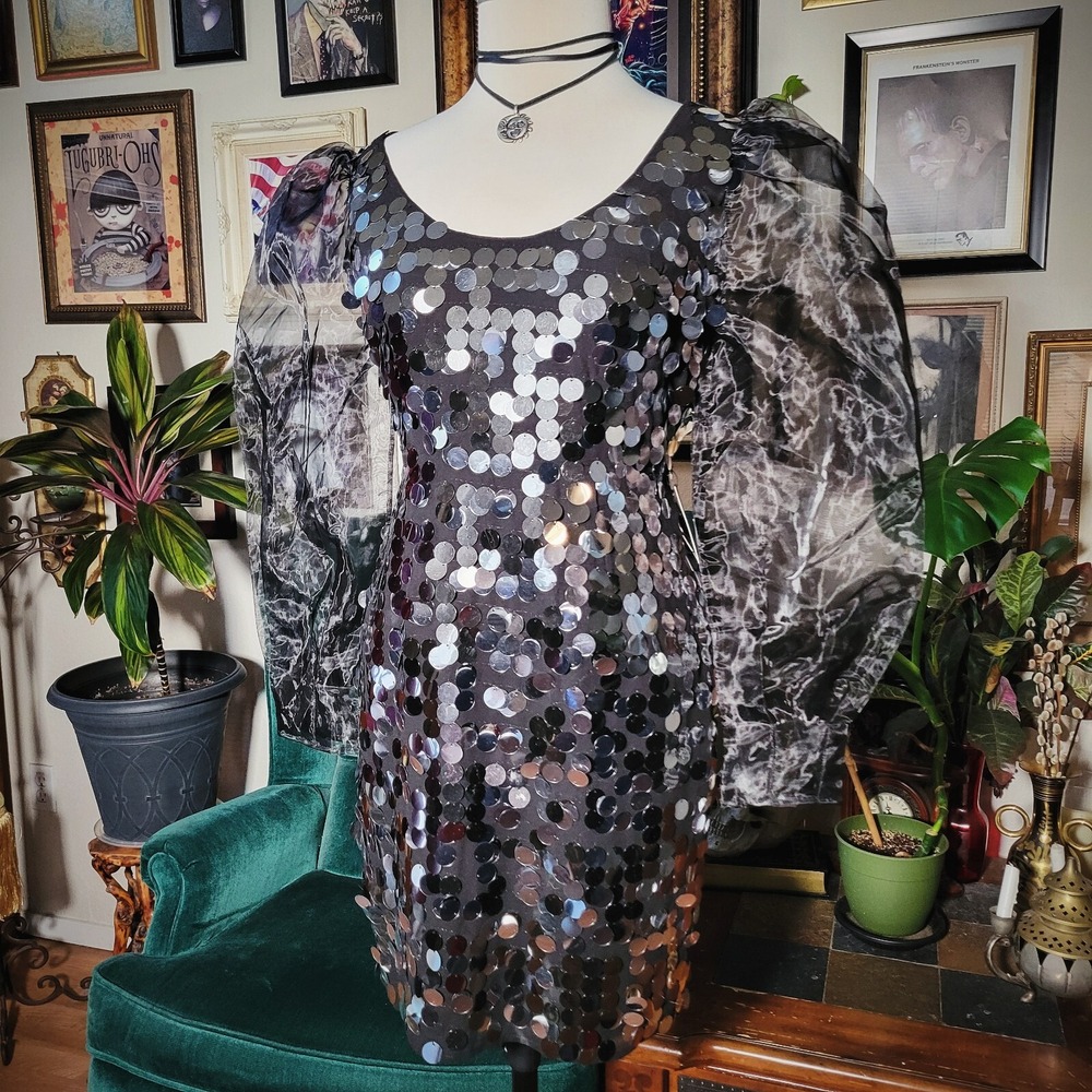 Gabrielle Union NY&C Silver Sequin Mini Dress Sheer Sleeve Party Glam NWT‎